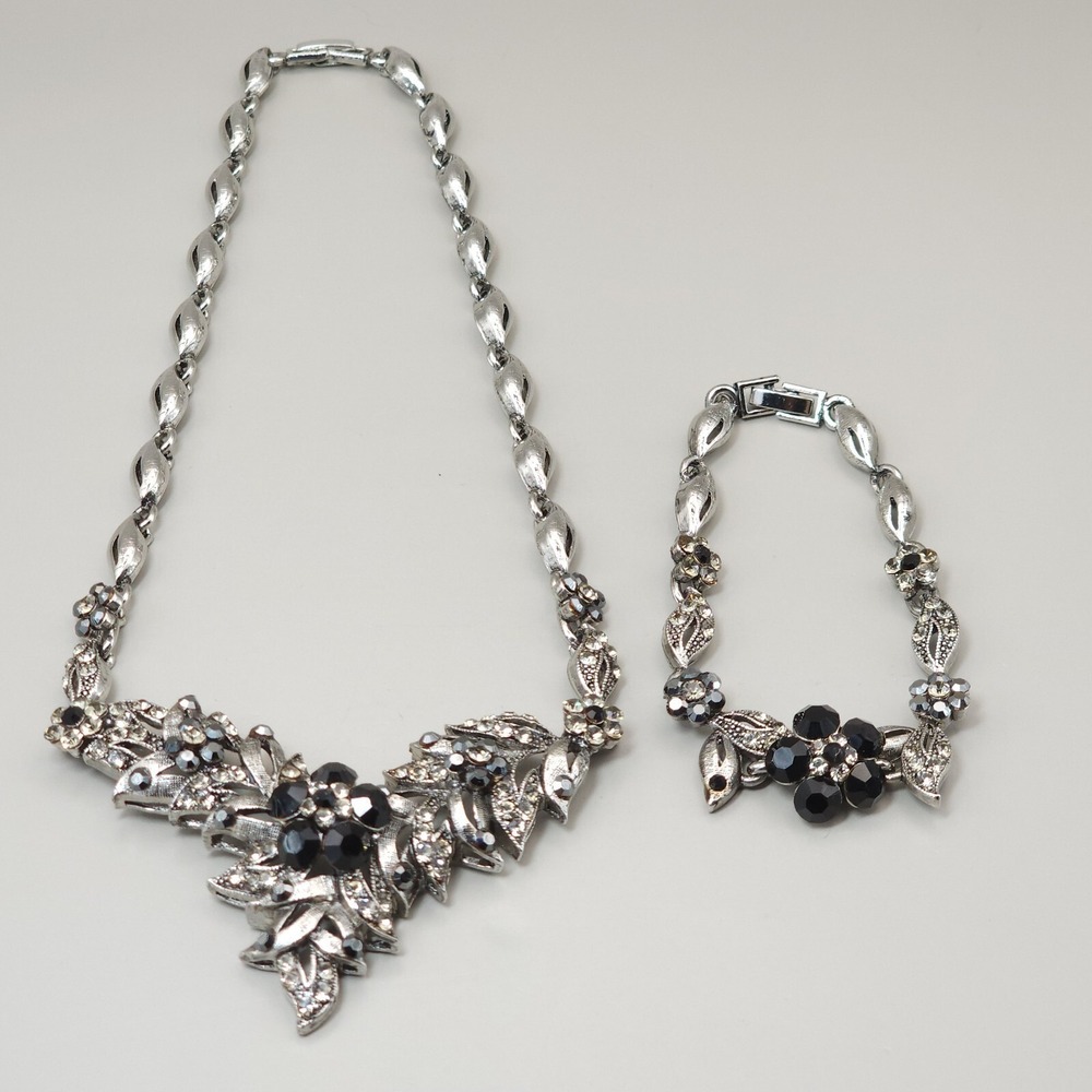 Vintage 1950s Marcasite Style Rhinestone Flower Necklace Bracelet Set Black Gray - Picture 14 of 16